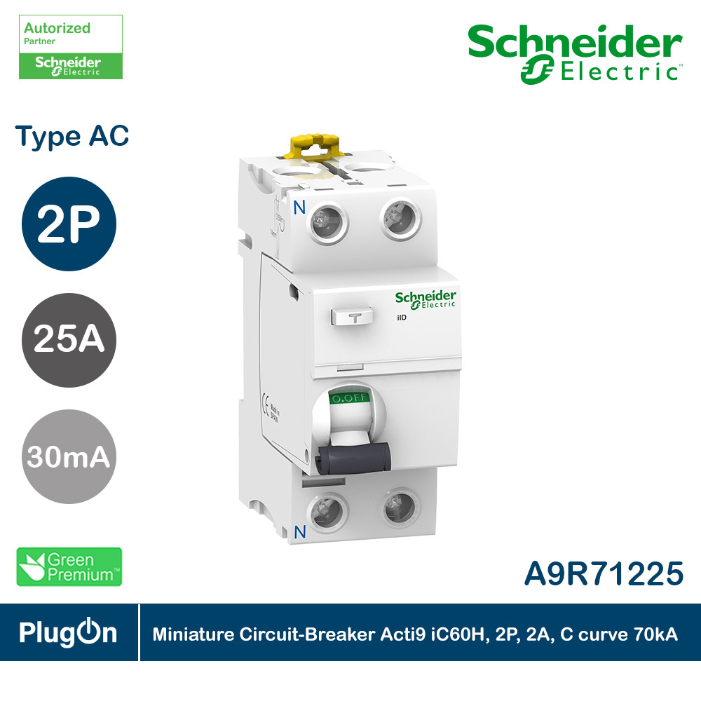 Schneider Residual Current Circuit Breaker (RCCB) Acti9 iID 2P 25A AC Type 30mA | A9R71225 | PlugOn