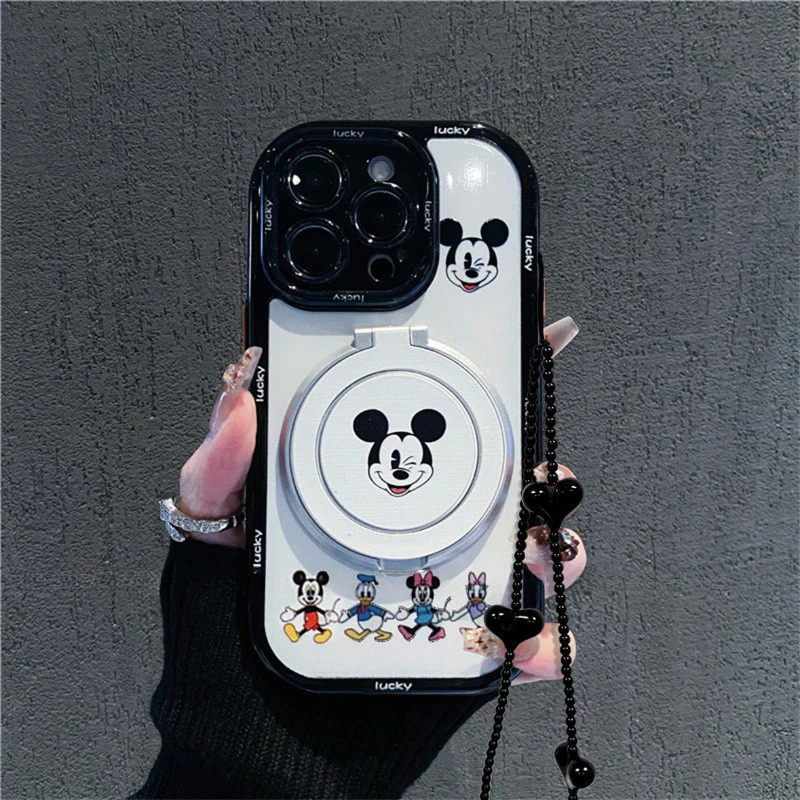 [ขายร้อนใหม่] เคสโทรศัพท์มิกกี้น่ารักที่เข้ากันได้กับ Apple iPhone 17/16/15/14/13/12/11 Pro Max สีครีม/แบบมีขาตั้ง