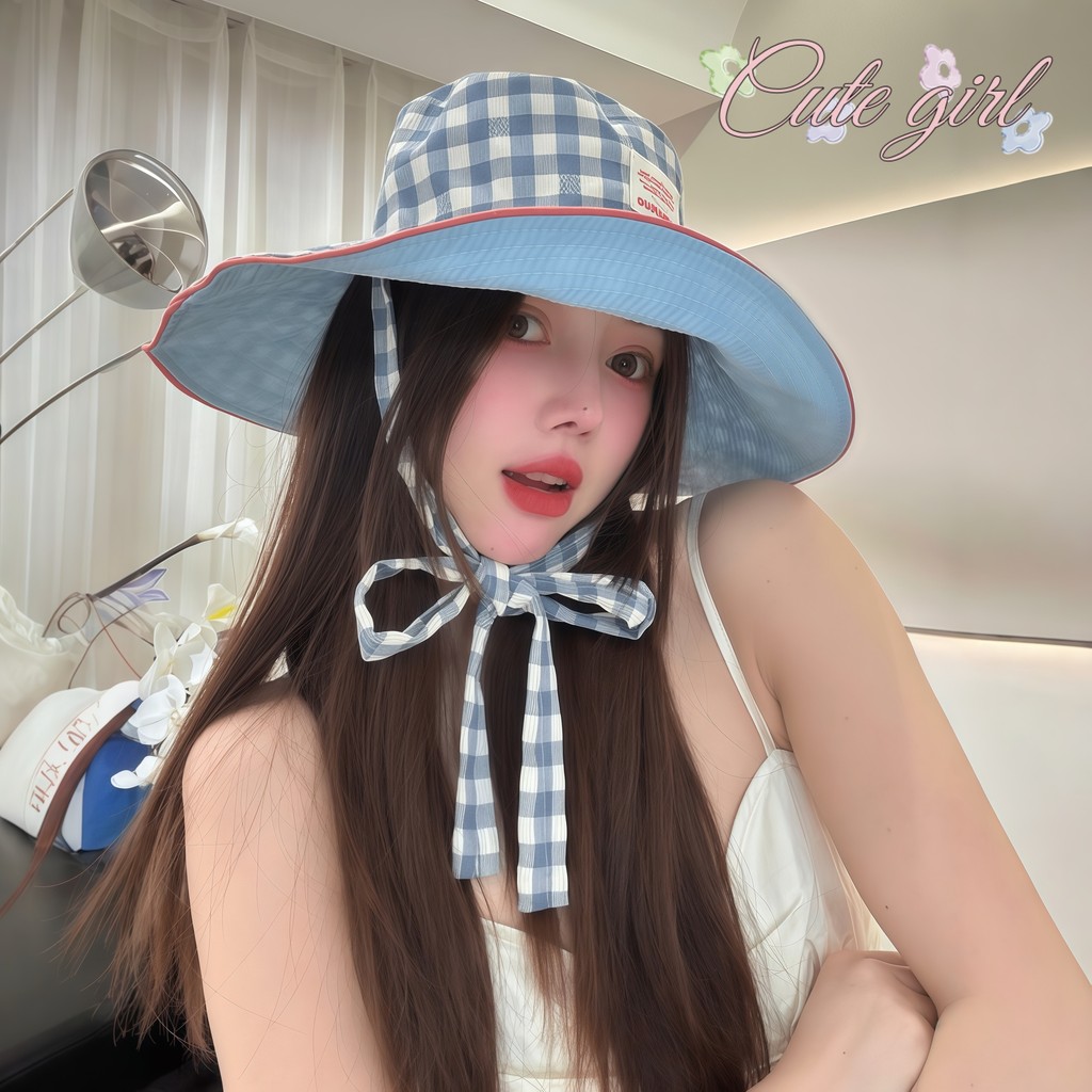 Cute_Girl 😍😍 หมวกบักเก็ตเกาหลี ลายสก็อต เชือกผูก หมวกผู้หญิง ราคาถูก ส่งไวจากไทย