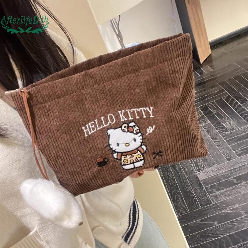 AF Sanrio Hello Kitty สีน้ําตาล Corduroy เย็บปักถักร้อย Kt กระเป๋าถือแมว Kawaii กระเป๋าเครื่องสําอาง Periphery น่ารักเก็บกระเป๋าของขวัญวันหยุด A