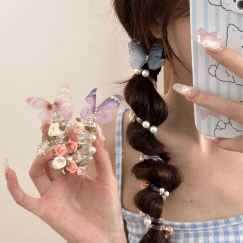 เชือกคาดผมรูปดอกกุหลาบผีเสื้อแสนหวาน เชือกคาดผมหางม้า ผ้าโพกศีรษะเด็กผู้หญิง - รูปที่ 2