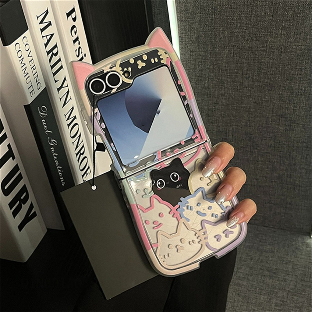 Ins เกาหลีน่ารักหูแมวขอบสีภาพวาด Kitty สําหรับ Samsung Galaxy Z Flip 6 5 ZFlip 6 Zflip5 Flip5 Flip6 กันกระแทก Covermanha