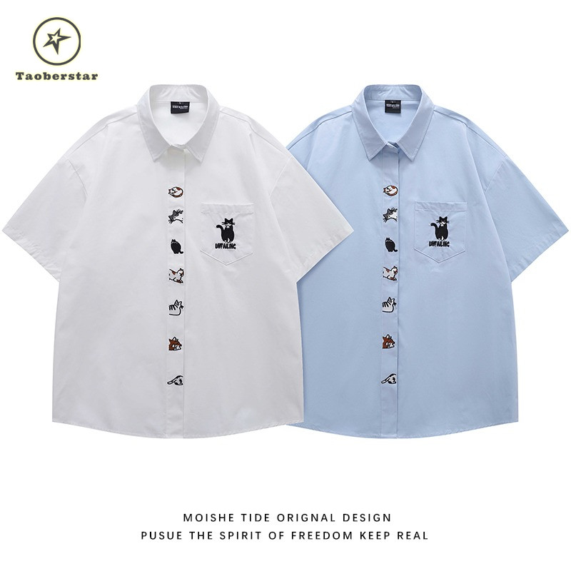 Taoberstar เสื้อเชิ้ตแขนสั้นทรงหลวมแมวปักผู้ชาย