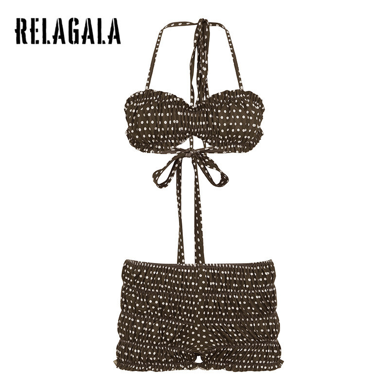 RELAGALA ชุดบิกินี่ผู้หญิง 2025 ฤดูร้อนใหม่ลายจุด Bowknot Halter แขนกุด เอวสูงSlim Fit Casual ทุกสไตล์_matching แฟชั่น