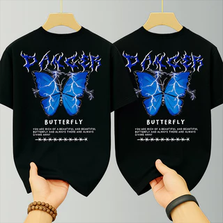 เสื้อยืดคู่รัก เสื้อยืดคอกลม-แขนสั้น ลายเท่ๆ oversize t shirt สกรีนลายหน้า-หลัง ลายผีเสื้อ สตรีทแฟชั่น สีดำ-สีขาว