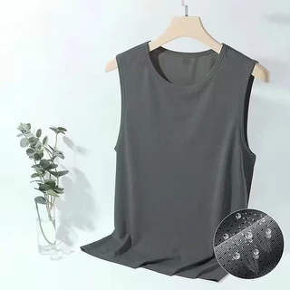 เสื้อกั๊กผู้ชาย ผ้าไหมน้ำแข็ง เย็น ฤดูร้อน บาง กีฬา แขนกุด ออกกำลังกาย สีขาว