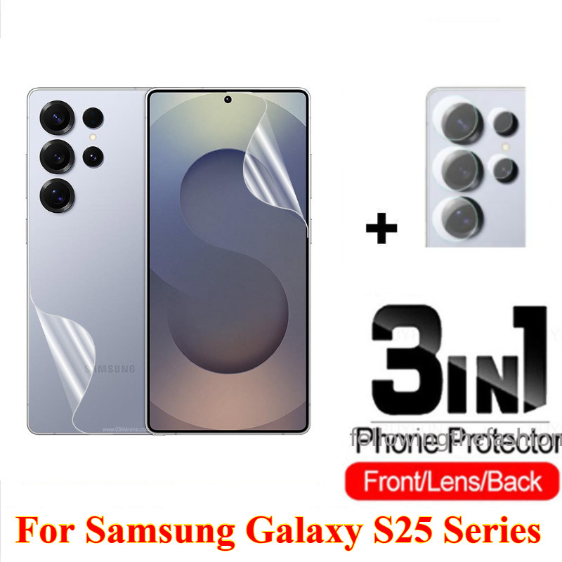 3 in 1 ฟิล์ม Hydrogel ด้านหน้าและด้านหลังสําหรับ Samsung Galaxy S25 Ultra 5G 2025 S25 + Plus Edge Fe ฟิล์มป้องกันคลุมทั้งหมดใสหน้าจอกล้องเลนส์ Protector ไม่ใช่กระจก