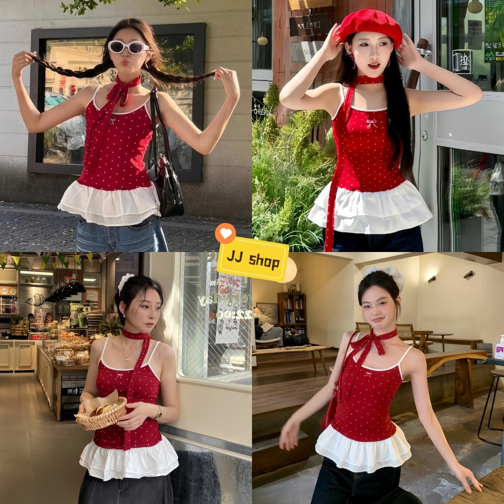 JJ Shop​ พร้อมส่ง เสื้อกั๊กลายจุดสีแดงของผู้หญิงปี 2025 สายเอี๊ยมฤดูร้อนใหม่ ชายกระโปรงจับจีบ ทรงเข้ารูป “Y9910-1” ราคา ถูกที่สุด ดีลบีเคเค