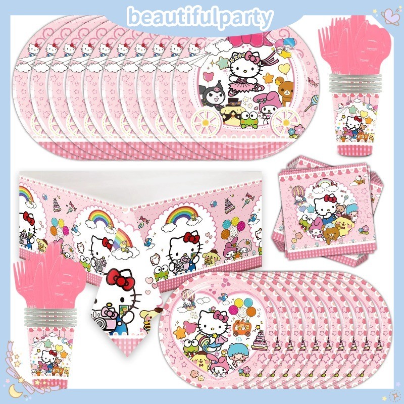 Hello Kitty Party Utensils KT Theme Series อุปกรณ์แบบใช้แล้วทิ้ง Girl Heart Birthday Decoration Party Supplies Utensils