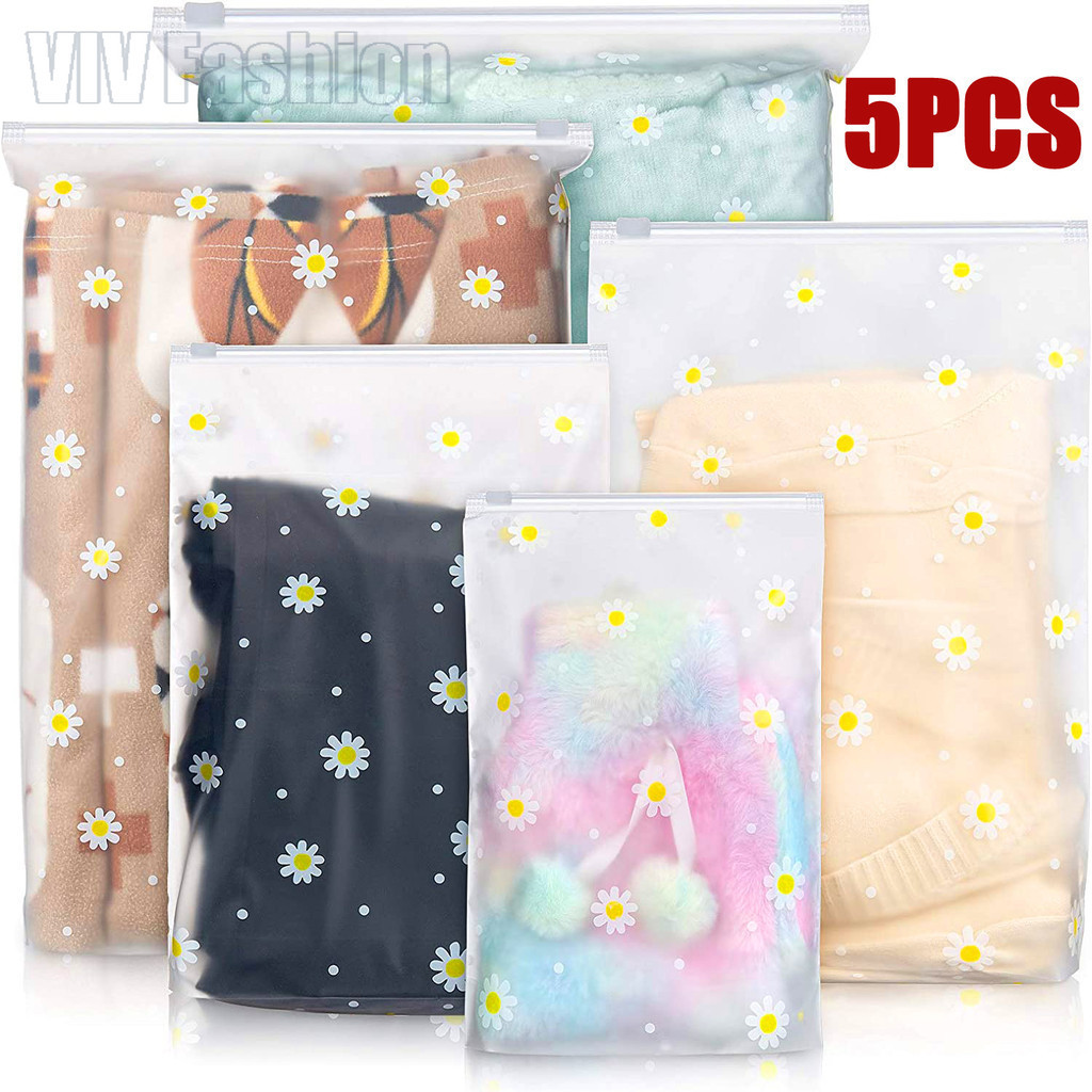 5 ชิ้น Little Daisy เสื้อผ้าซิปกระเป๋าเก็บ - เดินทางกลางแจ้งแบบพกพา Frosted Space Saver กระเป๋าเสื้อผ้า - ชุดชั้นในในครัวเรือนจัดเก็บ