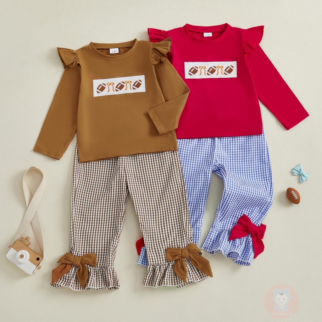 LAA6-Kids Girl Fall Rugby Bow ปักลูกเรือคอเสื้อแขนยาวลายสก๊อตกางเกงขายาว 2 ชิ้นเสื้อผ้าชุด