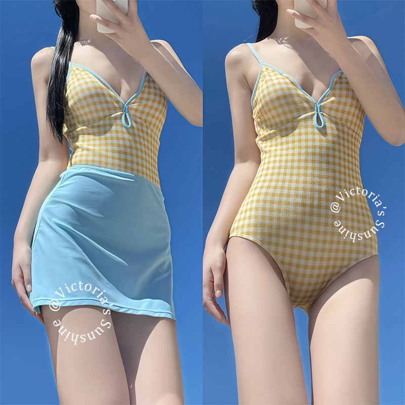 swimwear วันพีช ชุดว่ายน้ำกระโปรง ทูพีช แฟชั่นลายสก็อต มีฟองน้ำ ว่ายน้ํา#0277