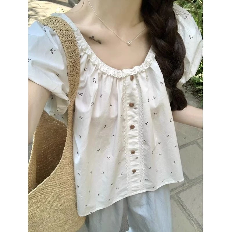 เสื้อเชิ้ตแขนสั้นผู้หญิงผ้าลูกไม้ลายดอกแขนพัฟ thumbnail 3
