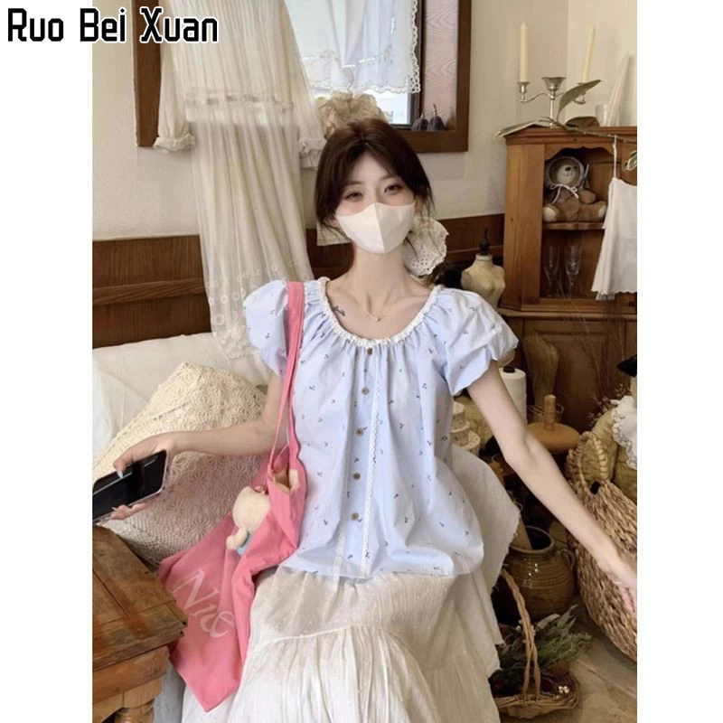 Ruo Bei Xuan เสื้อเชิ้ตแขนสั้นผู้หญิงลายดอกไม้