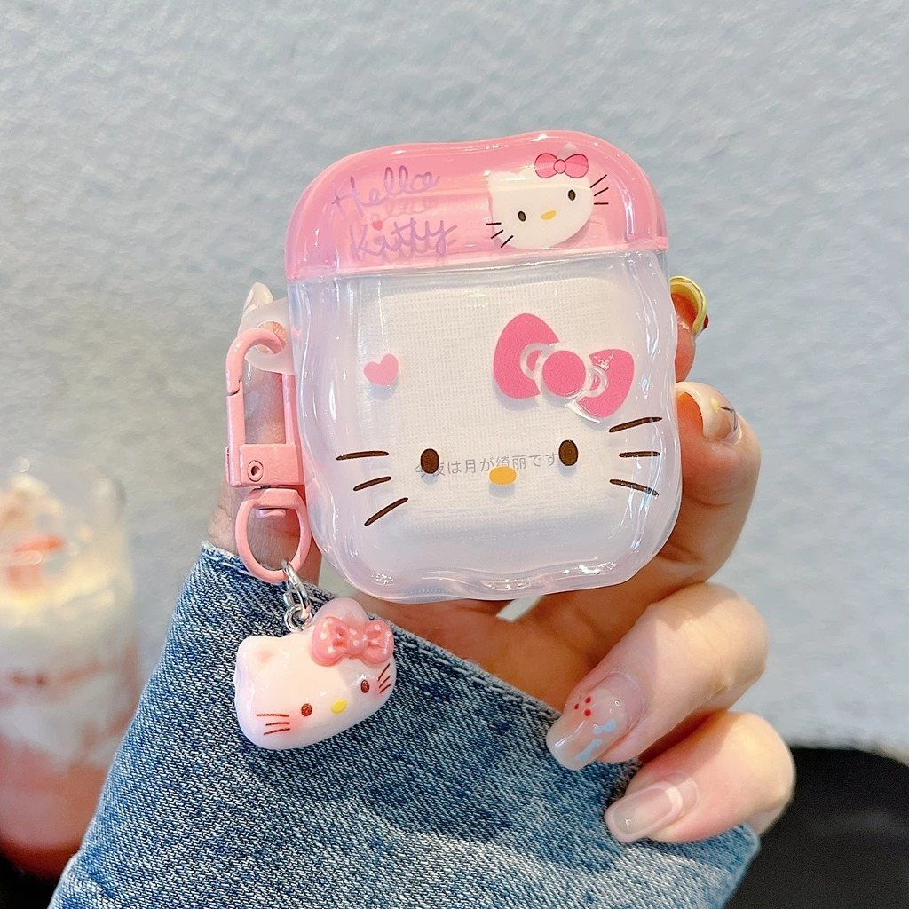 เคสหูฟังสําหรับ แอร์พอด 4 มือโปร 3 2 1 สีชมพูหวานลายคิตตี้นุ่ม ทีพียู ขอบคลื่นกันกระแทกบลูทูธไร้สายหูฟังฝาครอบป้องกันเปลือกที่มีจี้ป้องกันการสูญ thumbnail 6