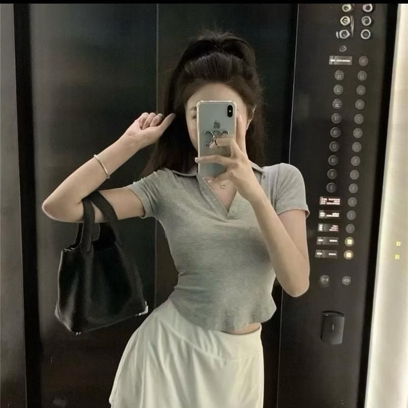 A88 เสื้อยืดผู้หญิงแขนสั้นโครเชต์ Turn-down Collar เสื้อโปโลหลากสี ไซส์ต่ํากว่า 53kg รหัส a88