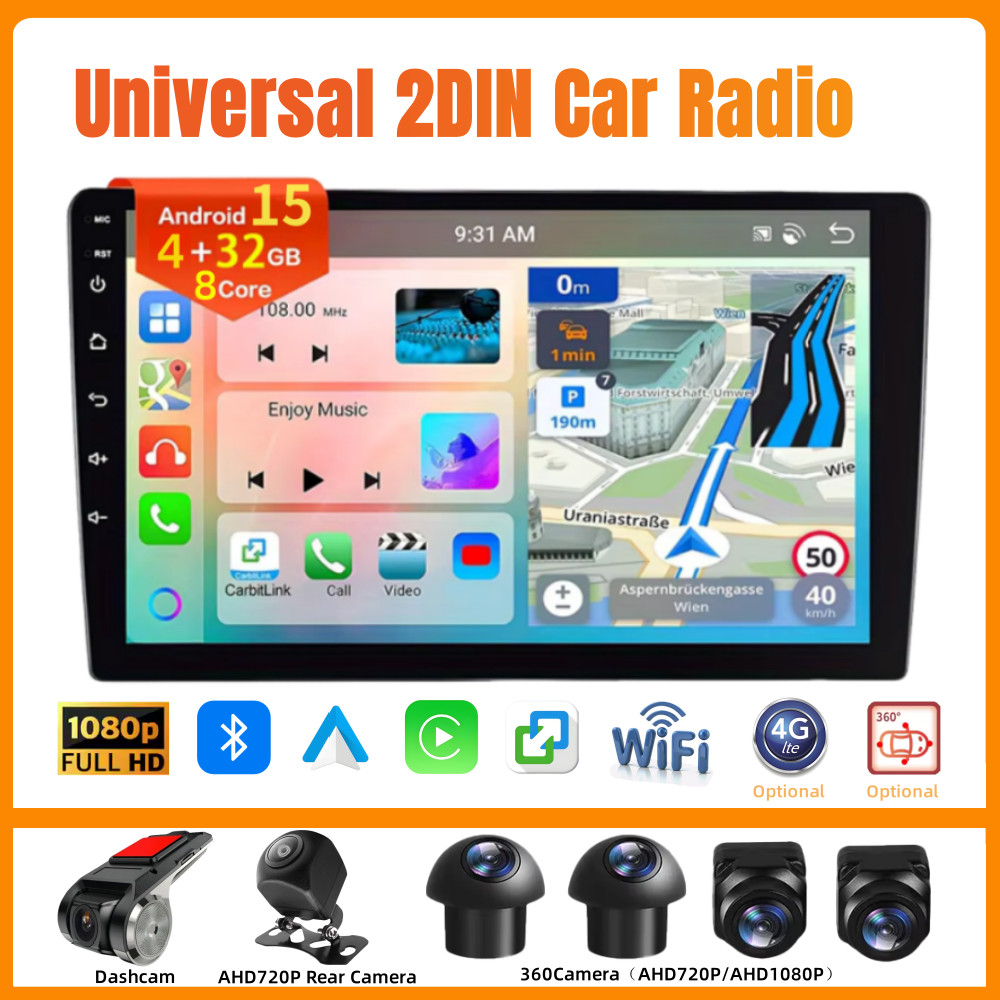 Evean Android 15 8Core Universal 2DIN รถวิทยุ 4GB RAM + 32G QLED หน้าจอสัมผัส Android Player ไร้สาย 