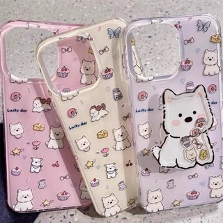 ลูกสุนัขน่ารัก + ขาตั้งคู่เคสโทรศัพท์ใสสําหรับ iPhone 16 15 14 13 12 11 Pro Max X Xr Xs Max 7 8 Plus SE2020