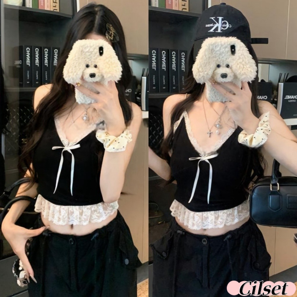 Cilset พร้อมส่ง ใหม่ 2025 เสื้อสายเดี่ยว ผ้าไหมพรมแต่งโบว์ ยืดพอดี สไตล์เกาหลี เสื้อแฟชั่น /H487