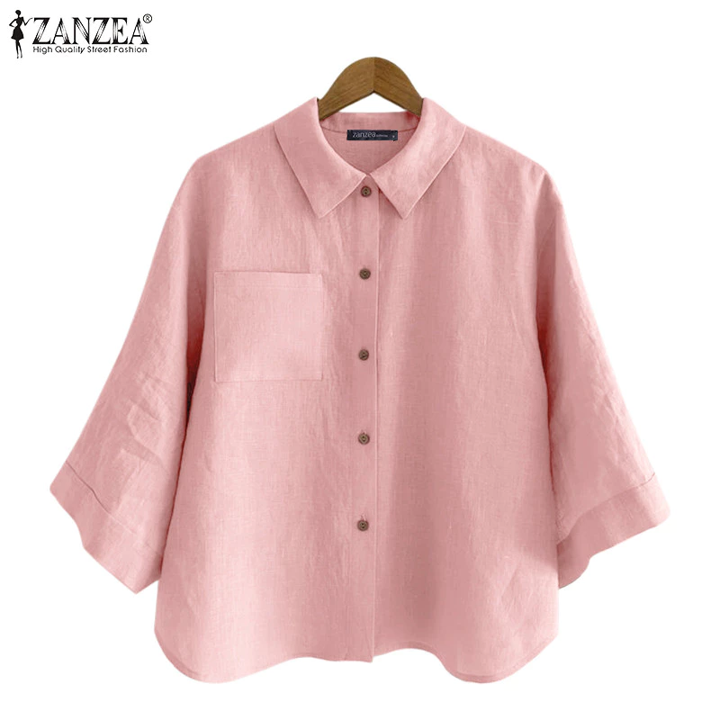 ZANZEA ซานเซีย แฟชั่นสตรีเกาหลีลําลองพลิกคอแขนเสื้อสีบริสุทธิ์