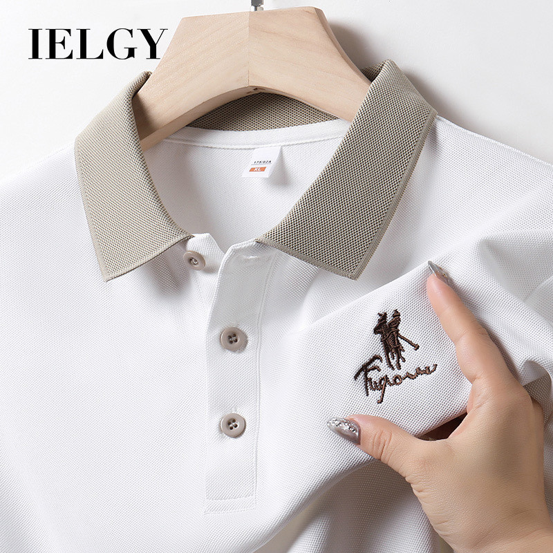 IELGY Business Casual Non-iron ปักเสื้อโปโลผู้ชายเสื้อแขนสั้น