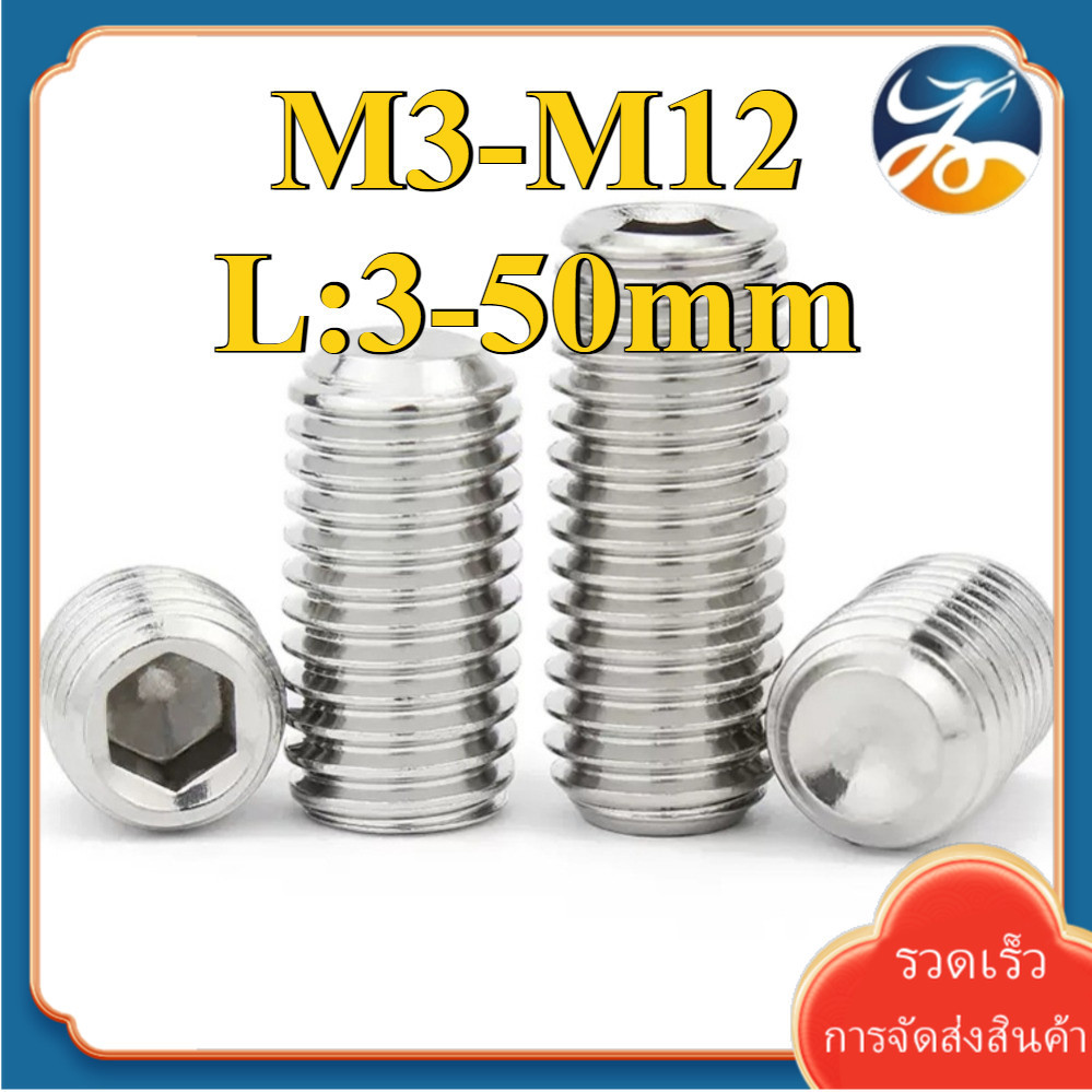 (YDY)สกรู ตัวหนอน หกเหลี่ยม ปลายตัด สแตนเลส 316 เกลียวมิล หยาบ  Hex Socket Set Screw w/ Cup Point M3/M4/M5/M6/M8/M10/M12-L3-50mm (RM-TH-1)