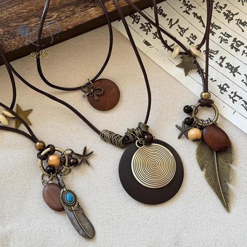 [QOE] Vintage Boho สร้อยคอขนนกโลหะสําหรับผู้หญิงโบราณโซ่คอยาวจี้Handmade Statementเครื่องประดับชั้นอ