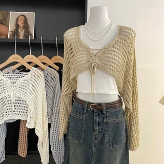 👚Anna👚 เสื้อครอปไหมพรม แขนยาว Hollow เสื้อคาร์ดิแกนถักผูก เสื้อคาร์ดิแกนถักสั้นสไตล์เกาหลี D652