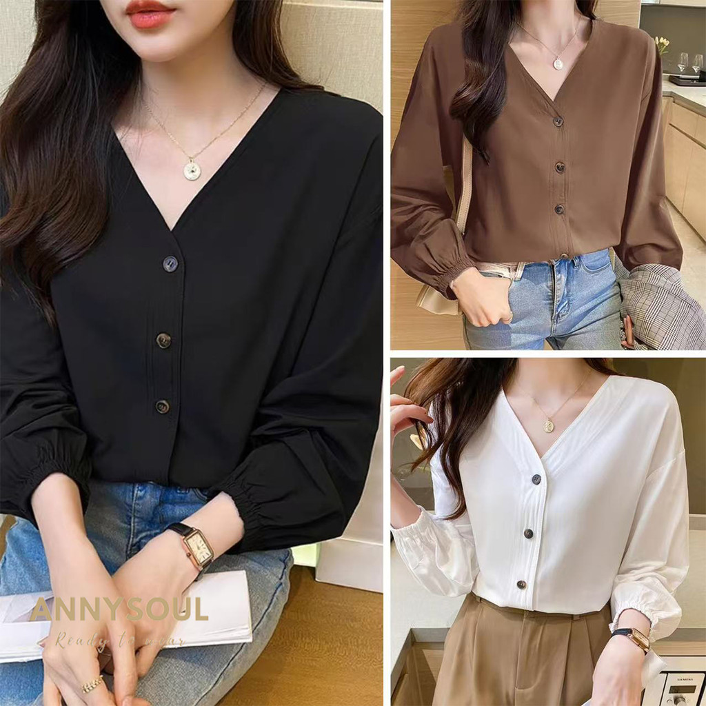 เสื้อเชิ้ตคัตติ้งเนี้ยบ เสื้อคอวีสีขาว ผู้หญิง