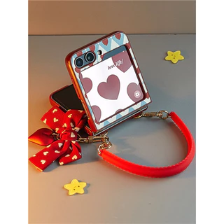 เกาหลีน่ารัก Love Heart Bow จี้เคสโทรศัพท์พร้อมสร้อยข้อมือสําหรับ Samsung Galaxy Z Flip 5 6 Z Flip5 Flip6 Flip 4 กลับ Covermanha