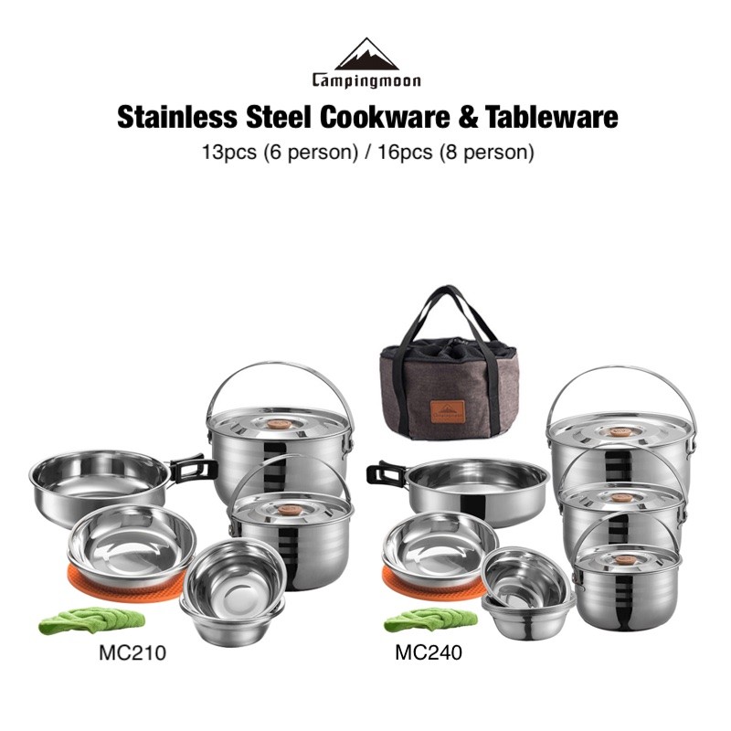 CAMPINGMOON ชุดเครื่องครัวสแตนเลส 13 ชิ้น/16 ชิ้นพร้อมกระเป๋า MC210 / MC240