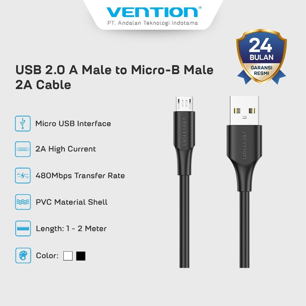 Vention สายชาร์จ USB A to Micro 2A 3A 480Mbps ยืดหยุ่นและทนทาน 25CM 50CM 1M 1.5M 2M 3M - CTI