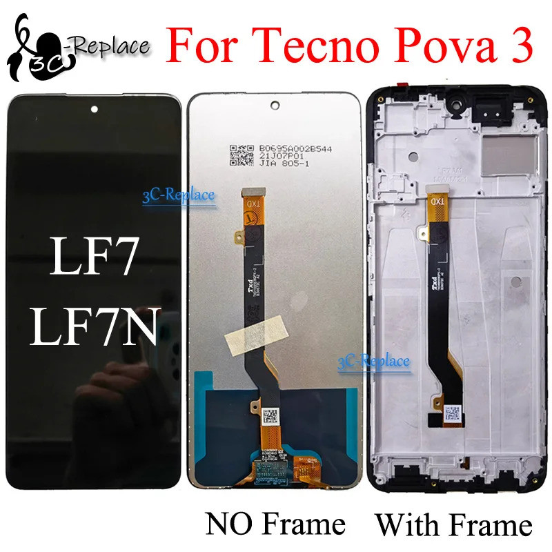 6.9 นิ้วสีดําสําหรับ Tecno Pova 3 LF7 LF7N จอแสดงผล LCD Touch Screen Digitizer แผงเปลี่ยน/พร้อมกรอบ