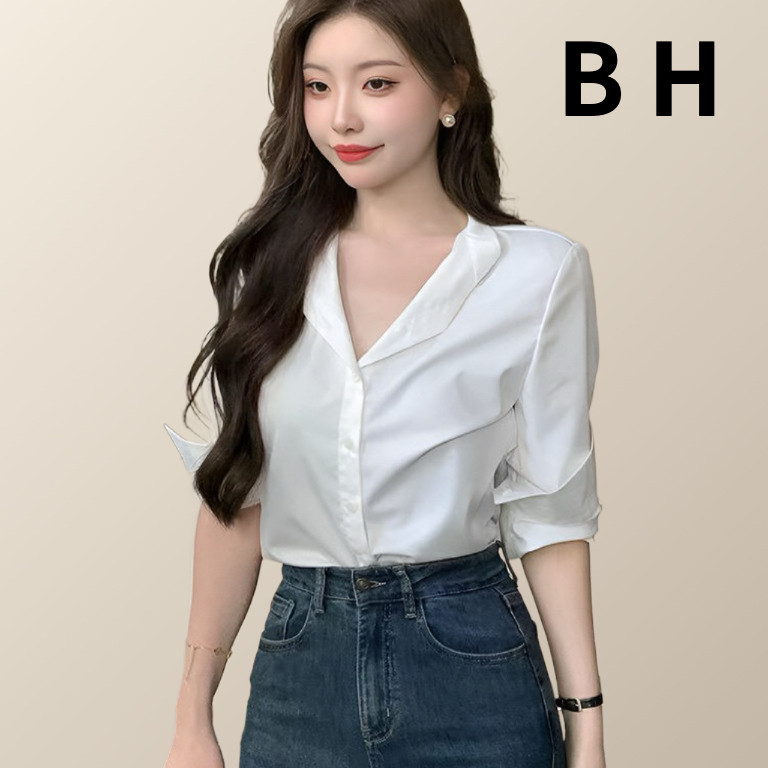 ขเสื้อเชิ้ตสํานักงานผู้หญิงสไตล์เกาหลีแขนยาวคอวีสีทึบรุ่นหลวม