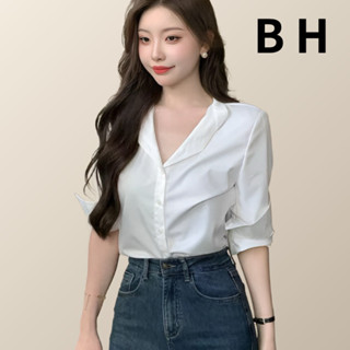 ขเสื้อเชิ้ตสํานักงานผู้หญิงสไตล์เกาหลีแขนยาวคอวีสีทึบรุ่นหลว…