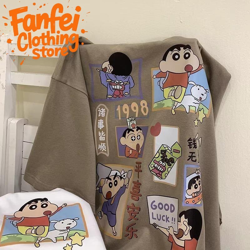 (จัดส่งตลอด 24 ชั่วโมง)Fanfei สำหรับผู้ชายและผู้หญิง เสื้อยืดพิมพ์ลายการ์ตูน Crayon Xiaoxin ลำลอง แขนสั้น