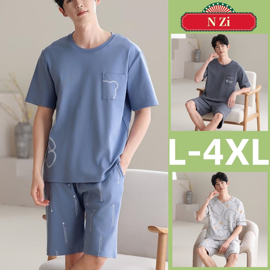 L-4XL ชุดนอนผู้ชายผ้าฝ้าย Plus Size แขนสั้น สำหรับฤดูร้อน ออกแบบให้สวมใส่ง่ายและเบาสบาย