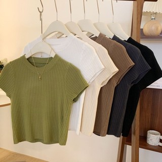 New Fashion Korean Solid Color T-shirt Top Round Neck Short Sleeve Knitted Shirt