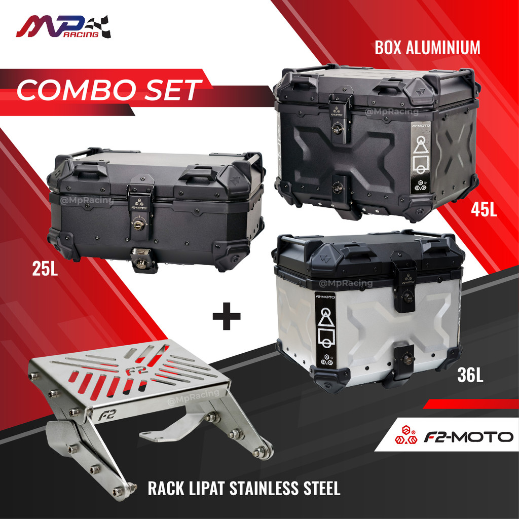 COMBO SET F2-MOTO ALUMINIUM BOX 25L,36L,45L+ F2 Rack Lipat Stainless Steel Y15/Y16/LC135/RSX/RS150/N