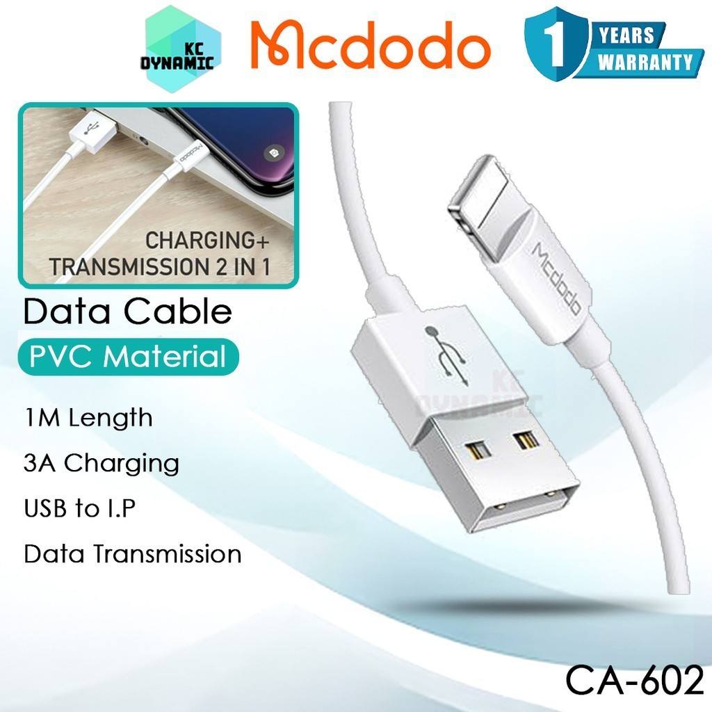 Mcdodo CA-602 สายเคเบิลข้อมูล 3A สายชาร์จ สาย USB ความยาว 1M Mcdodo CA-6020 Mobile Kabel 100cm Mcdod