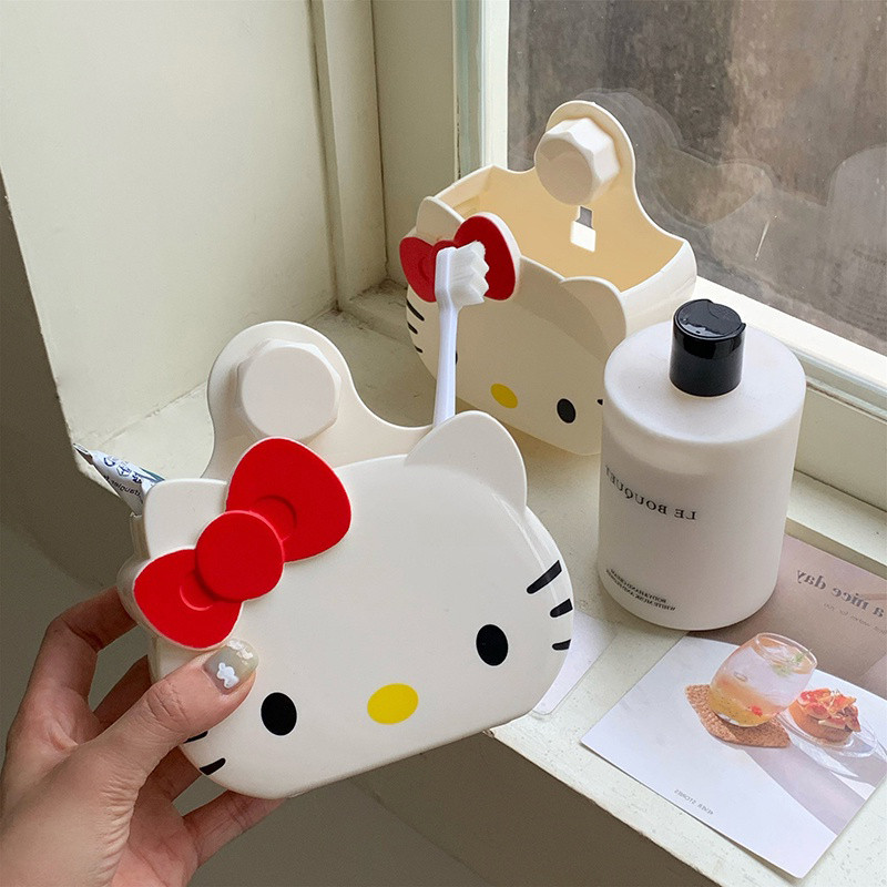 Hello Kitty Wall Storage กล่องห้องน้ํายาสีฟัน Organizer เดสก์ท็อปแปรงแต่งหน้ากล่อง