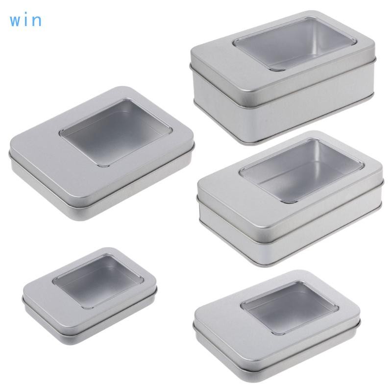 Rectangular Tin Silver Storage Box for Case Organizer with Half Clear Window Lid