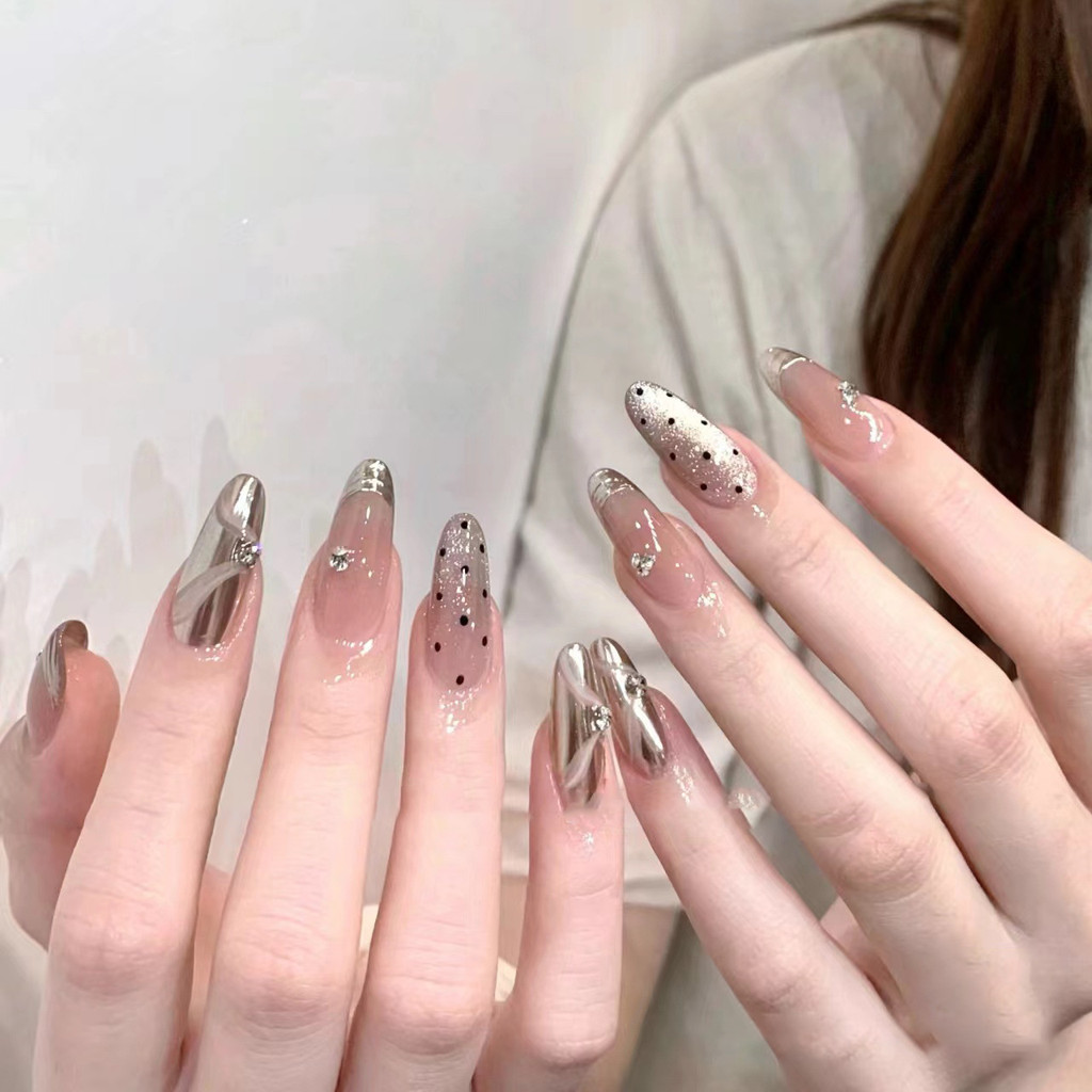 ทำมือ+ฟรีกาว ทาเล็บแบบกด กระจกมหัศจรรย์สีนู้ด ริบบิ้นฝรั่งเศส ตาแมว ลายจุด ทาเล็บปลอมแบบกด ใช้ซ้ำได้