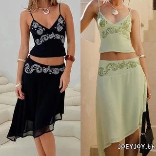 JOEYJOY-ชุด 2 ชิ้นผู้หญิงลายดอกไม้สปาเก็ตตี้คอวี Camis + กระโปรง Midi ไม่สมมาตร