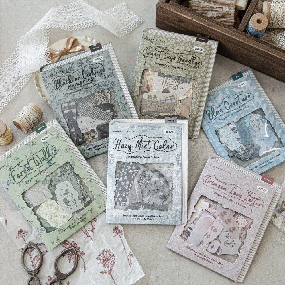 WEI 50 ชิ้น [เศษผ้า Series] Retro มือฉีกฐานวัสดุ Deco สติกเกอร์ Washi สติกเกอร์กระดาษ Scrapbooking วัสดุสมุดภาพชุด