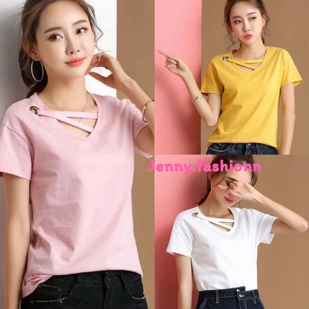 🌟Jenny🌟เสื้อยืดคอวี ผ้านุ่ม มีไขว้ที่คอแต่งเก๋ๆ สไตล์เกาหลี #E01