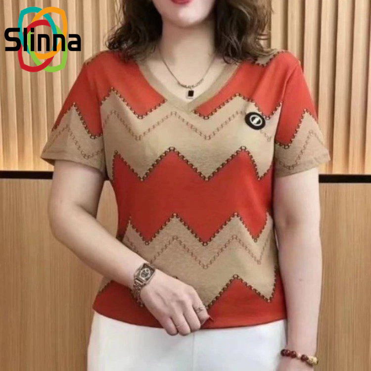 เสื้อยืดแขนสั้นลายทางสําหรับผู้หญิงทรงหลวมแฟชั่นอินเทรนด์ด้านบนมีสไตล์เรียบง่ายอเนกประสงค์
