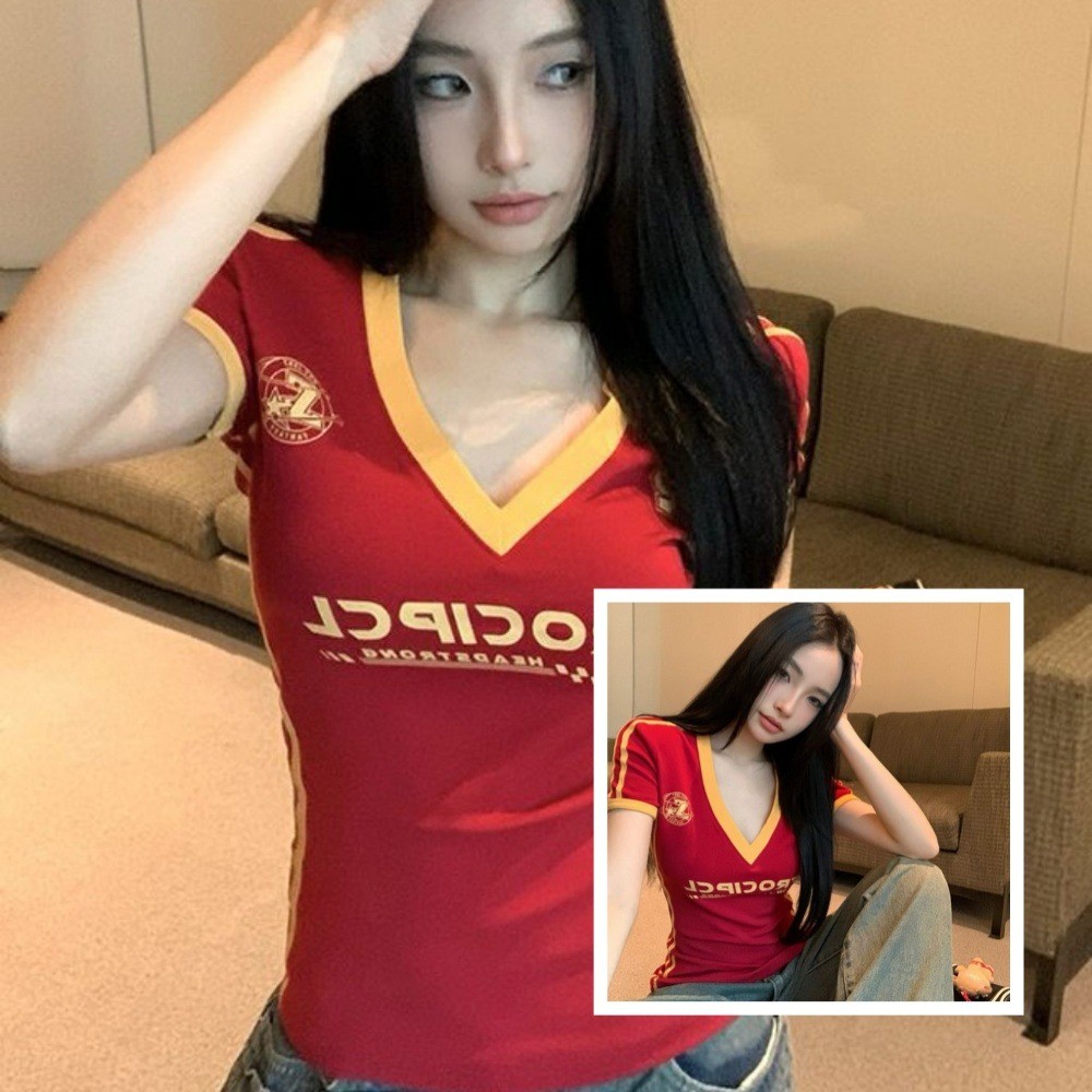 ShineSatin แฟชั่นฤดูร้อนคอวีแขนสั้นเสื้อยืดสีแดงสำหรับผู้หญิง ตกแต่งตัวอักษร #317