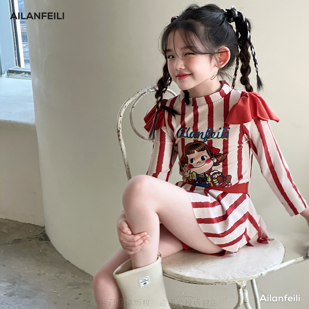 Ailanfeili ชุดว่ายน้ำเด็กผู้หญิงสองชิ้นแยกชิ้นแขนยาวแท็บโดพามีนสีตัดกันแห้งเร็วในฤดูร้อน