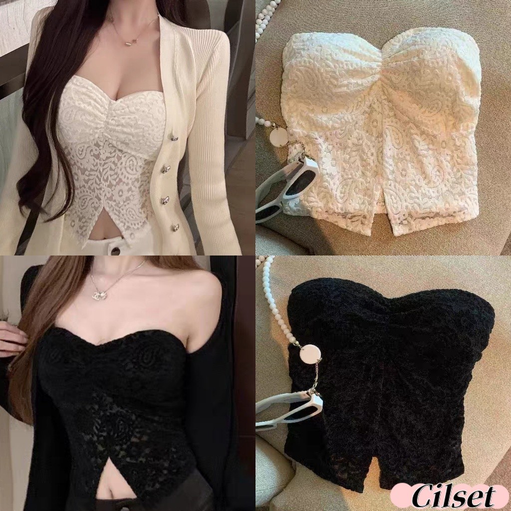 Cilset🛒พร้อมส่ง🎀เสื้อเกาะอก ผ้าไหมพรม สีพื้น ดีเทลแต่งลูกไม้ สไตล์เกาหลี เรียบหรู เซ็กซี่ เข้ารูป /Y0915